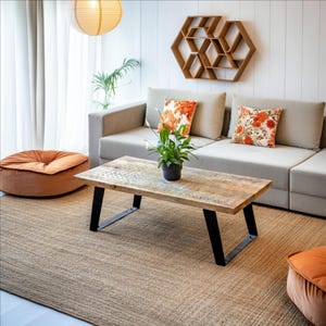 Mangowood Coffee Table with Carved Geometric Pattern and Iron Bracket Legs by Naturallivingonline image 4