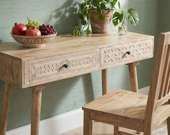 Hand-Carved Mango Wood Desk; Geometric Console Table, Rustic Dressing Table or Compact Laptop Desk