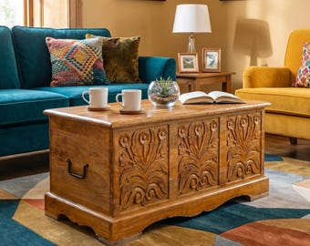 Acacia wood hand carved Chest Coffee Table