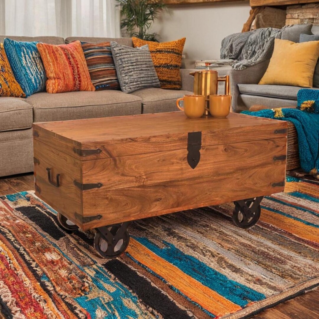 Acacia Wood Chest Coffee Table on Wheels by Naturallivingonline ...