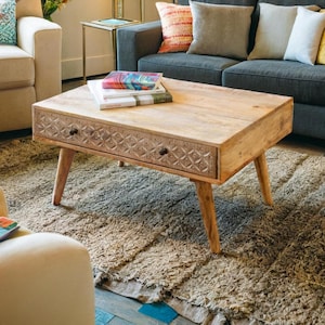 Mango wood Coffee table with hand carved drawer