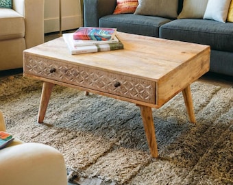 Mango wood Coffee table with hand carved drawer