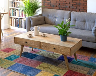 Distressed MangoWood Coffee  table with Carved Drawers