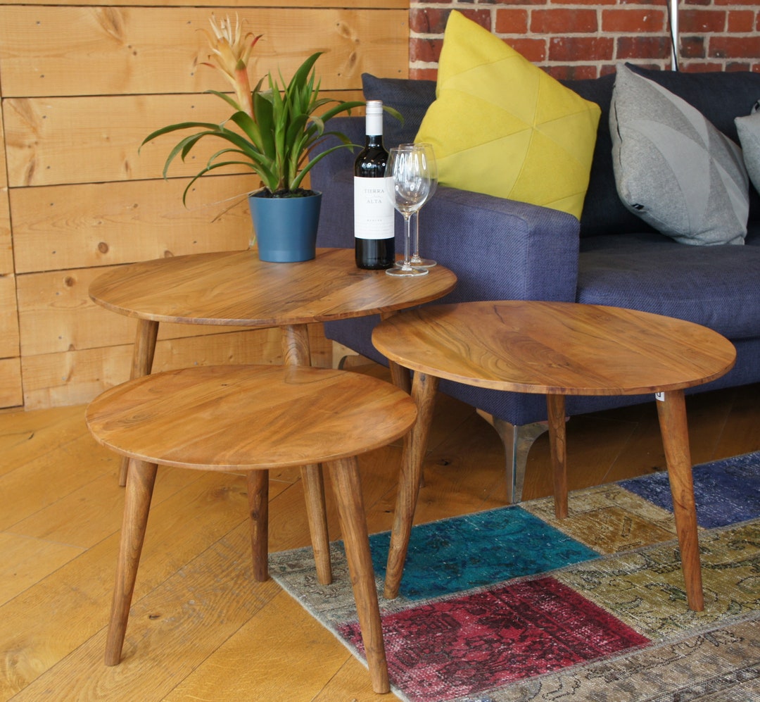 Acacia Wood Round Side Tables Set 0f 3 Etsy UK