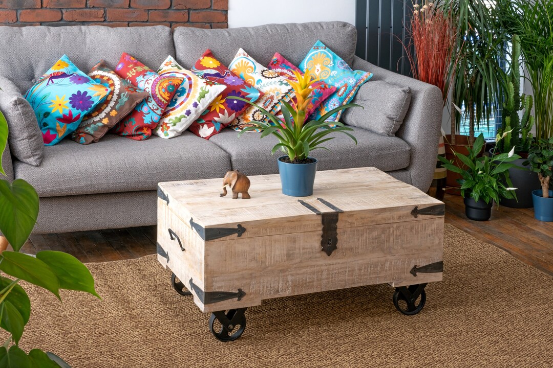 Mango Wood Chest Coffee Table on Wheels Etsy UK