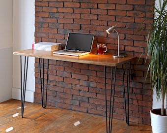 Live Edge Acacia Wood Desk: Black Hairpin Legs, Solid Wood Console