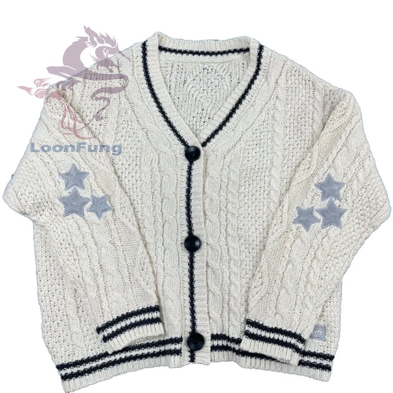 LOONFUNG Star Embroidered Knit Botton Up Folklore Cardigan with TS Patch