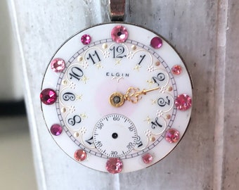 Vintage Elgin Watch Movement Pendant Necklace: Pink Crystals, Optional Sterling Silver Chain