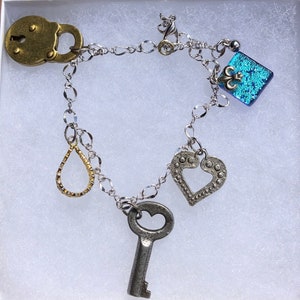 Charm Bracelet, Found Object Bracelet, Lock and Key Bracelet
