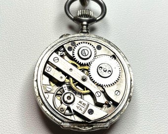 Steampunk Pocket Watch Pendant Necklace: Vintage Watch Movement and Chain