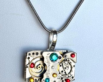 Steampunk Authenic Vintage Watch Movement Pendant Necklace: Yellow, Red and Teal Crystals