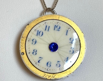Vintage Watch Movement Pendant: Enamel Watch, Sapphire Crystal, Gold Plated Chain Option