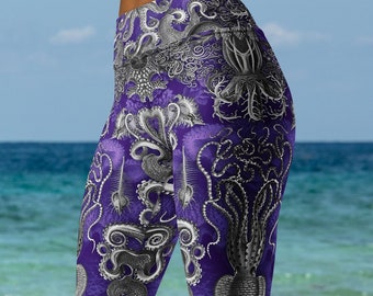 Octopus High Waisted Yoga Leggings Tights Custom All Over Print Purple Tentacle Squid Kraken Art Pants (Vintage Deep Sea Ocean Beach Design)