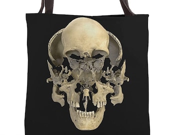 Beauchene Exploded Skull Canvas Tote Bag (Disarticulated Skull Canvas Tote Bag Gothic Memento Mori Halloween Picnic Grocery Goth Tote Bag)