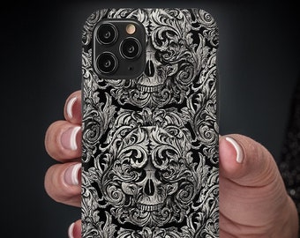 Skull Phone Case, iPhone, Samsung Galaxy (Victorian Floral Skull Bones Hand Drawn Carved Stone Goth Halloween Garden Flower Memento Mori)