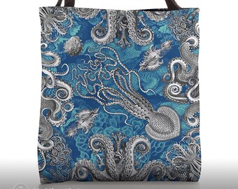 Octopus Tote Bag, Tentacle Bag, Steampunk Bag, Mermaid Bag, Kraken, Squid, Canvas Bag, Beach Pool Vacation Bag, Haeckel Ocean Bag
