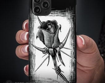 Rose Thorn Barb Wire Phone Case, iPhone, Samsung Galaxy (Hand Drawn Rose Barb Wire Thorn Goth Halloween Gothic Flower Tainted Love)