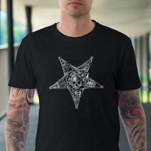 Gothic Skull Pentagram Cross T-Shirt (Memento Mori Satanic Inverted Pentagram Skull Metal Chrome Goth Unisex tshirt tee shirt for men women)