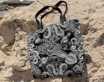 Octopus Tote Bag Canvas (Squid Tentacle Kraken Ocean Mermaid Canvas Tote Bag with Tentacles for Beach Pool Vacation Ocean Haeckel Tote Bag)