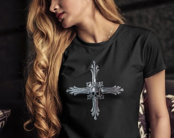 Gothic Skull Cross T-Shirt (Memento Mori Skull and Bones Metal Shirt Chrome Gothic Cross Goth Design Unisex tshirt tee shirt for men women)