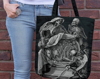 Vintage Skull Danse Macabre Engraving Canvas Tote Bag (Halloween Skull Canvas Tote Bag Gothic Memento Mori Halloween Picnic Grocery Goth)