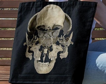 Beauchene Exploded Skull Canvas Tote Bag (Disarticulated Skull Canvas Tote Bag Gothic Memento Mori Halloween Picnic Grocery Goth Tote Bag)