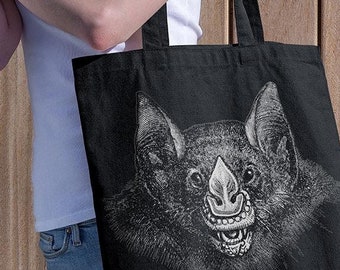 Vintage Vampire Bat Engraving Canvas Tote Bag (Halloween Bat Shadows Canvas Tote Bag Gothic Vampire Halloween Picnic Grocery Goth Tote Bag)