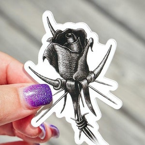 Gothic Rose with Thorny Barb Wire, Vinyl Sticker (Goth Victorian Art Ink Drawing barbed wire Floral Flower Love Valentine&#39;s Sticker Decal)