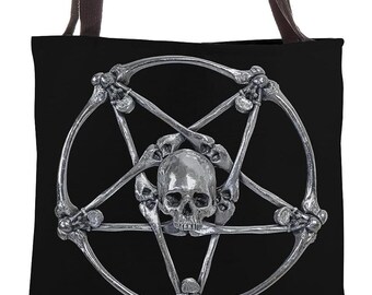Inverted Pentacle Satanic Skull Sigil Canvas Tote Bag (Canvas Tote Bag Satan Evil Bone Crossbones Metal Gothic Church of Satan Wiccan Witch)
