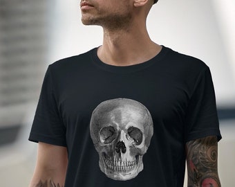 May include: A black t-shirt with a white skull graphic print. The skull is detailed and realistic.