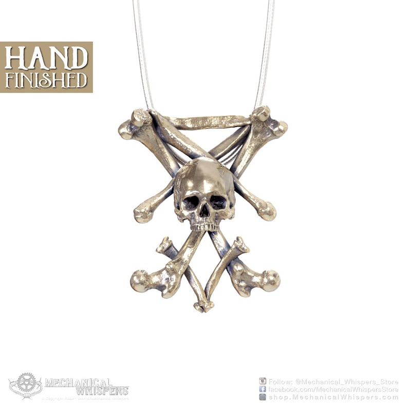 Lucifer Sigil pendant, highly detailed, designed from a 3D scan of an actual human skull and individual bones. Available in 3 metals: blackened steel, brass with a custom patina, and sterling silver with custom patina. 32mm tall.