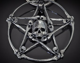 Pentacle Wiccan Pentagram Skull Pendant, Hand Polished (Sterling Silver Brass Skull Goth Bone Necklace Pendant Biker Jewelry Skull Charm)