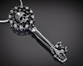 Skull Key Skeleton Key Pendant, Hand Polished (Sterling Silver Brass Skull Bones Goth Bone Necklace Sedlec Jewelry Pendant Skull Charm)