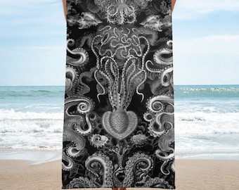 Octopus Beach Towel Black (Deep Sea Ocean Creature Mermaid Squid Tentacle Kraken Steampunk Beach Pool Vacation Haeckel Ocean Towel)