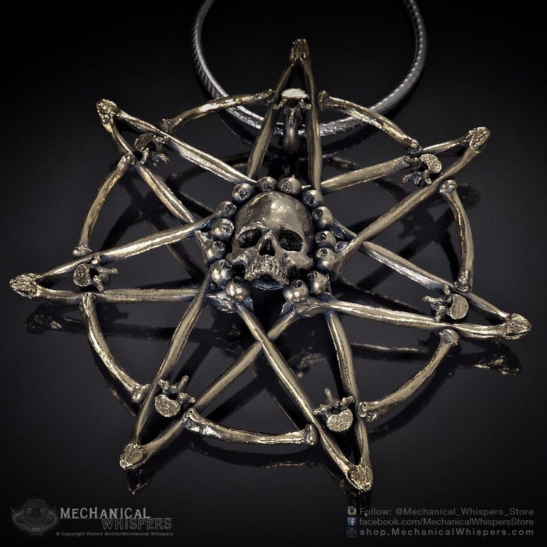 Heptagram Seven Pointed Star Sigil Skull Pendant, Hand Polished