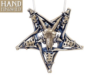 Inverted Pentagram Goat Skull Satanic Baphomet Necklace Pendant, Hand Polished (Skull Necklace Jewelry, Silver Jewelry Pendant, Skull Charm)