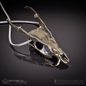 Muntjac deer skull pendant, highly detailed, designed from a 3D scan of an actual muntjac skull. Available in 3 metals: blackened steel, brass with a custom patina, and sterling silver with custom patina. 50mm tall.