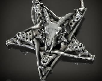 Colgante de Baphomet satánico con pentagrama invertido y calavera de cabra, pulido a mano (plata de ley, latón, calavera satánica)