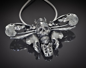 Skull Death's Head Hawkmoth Pendant, Hand Polished (Sterling Silver Brass Skull Death Moth Goth Bone Necklace Jewelry Pendant Skull Charm)