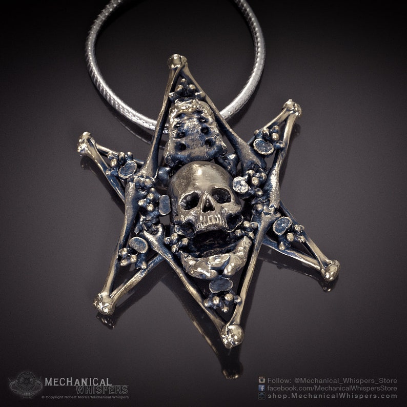 Thelema Sigil pendant, highly detailed, designed from a 3D scan of an actual human skull and individual bones. Available in 3 metals: blackened steel, brass with a custom patina, and sterling silver with custom patina. 42mm tall.