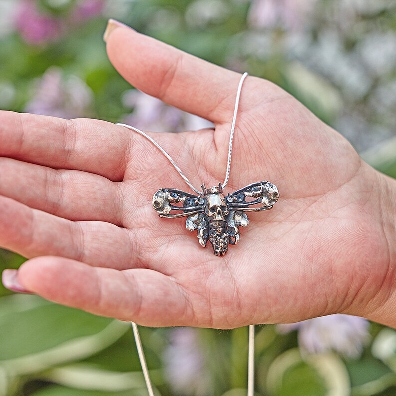 Skull Death's Head Hawkmoth Pendant, Hand Polished Sterling Silver Brass Skull Death Moth Goth Bone Necklace Jewelry Pendant Skull Charm image 2