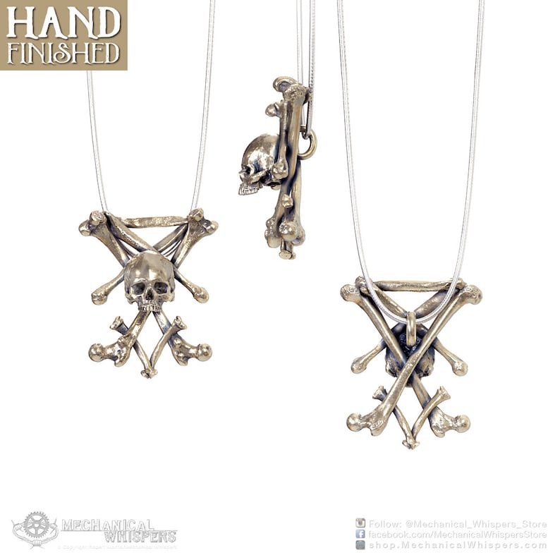 Lucifer Sigil pendant, highly detailed, designed from a 3D scan of an actual human skull and individual bones. Available in 3 metals: blackened steel, brass with a custom patina, and sterling silver with custom patina. 32mm tall.