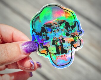 Holographic Beauchene Exploded Skull Vinyl Sticker Decal (Skull Shiny Silver Metal Goth Bone Necklace Biker Osteology Skull Chrome Rainbow)