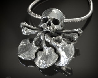Skull Crossbones Flower Pendant, Hand Polished (Skull Metal Bone Necklace Pendant Biker Jewelry, Silver Sedlec Jewelry Pendant, Skull Charm)