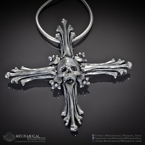 Skull Balanced Cross Pendant, Hand Polished (Skull Metal Bone Necklace Pendant Cross Biker Jewelry, Silver Sedlec Jewelry Pendant Charm)