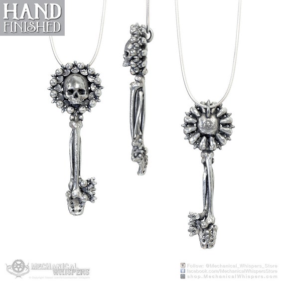 Skull Key Skeleton Key Pendant, Hand Polished (sterling Silver