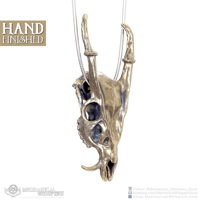 Muntjac deer skull pendant, highly detailed, designed from a 3D scan of an actual muntjac skull. Available in 3 metals: blackened steel, brass with a custom patina, and sterling silver with custom patina. 50mm tall.