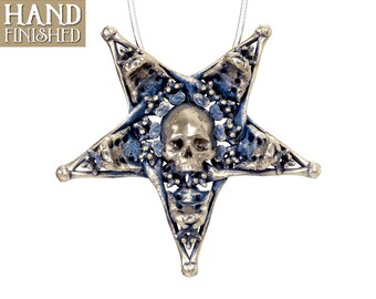 Skull Inverted Pentagram Pendant, Hand Polished (Skull Pentacle Witch Metal Bone Necklace Jewelry Silver Wiccan Jewelry Pendant Skull Charm)