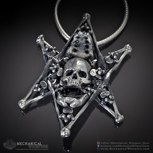 Thelema Sigil pendant, highly detailed, designed from a 3D scan of an actual human skull and individual bones. Available in 3 metals: blackened steel, brass with a custom patina, and sterling silver with custom patina. 42mm tall.