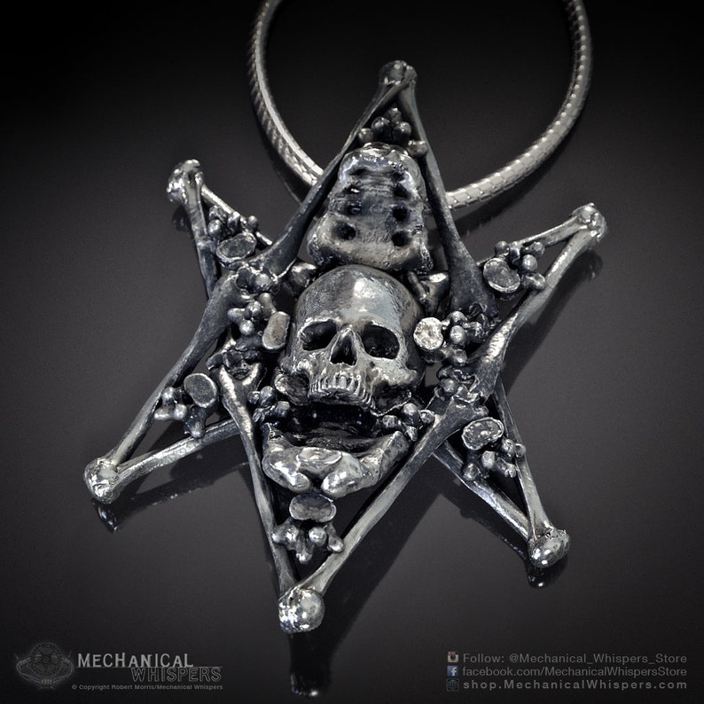 Thelema Sigil pendant, highly detailed, designed from a 3D scan of an actual human skull and individual bones. Available in 3 metals: blackened steel, brass with a custom patina, and sterling silver with custom patina. 42mm tall.